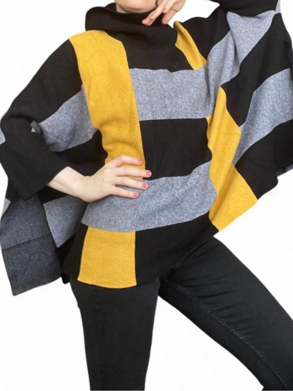 Colorblock Poncho Sweater in Mustard, Gray & Black